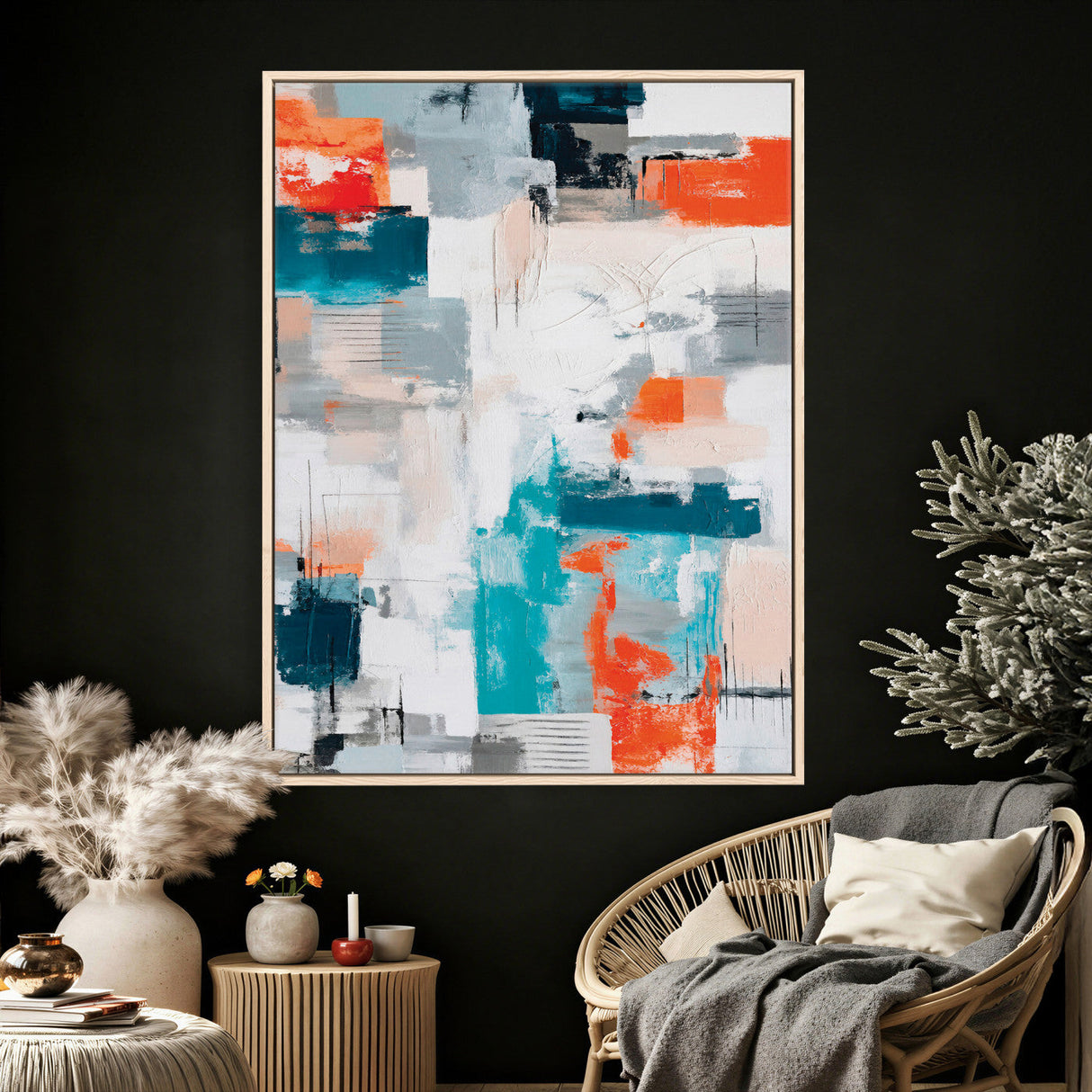 Blue Teal Abstract Canvas Wall Art, Modern Textured Painting Print, Navy Orange White Contemporary Art, Neutral Living Room Decor, Office Art
