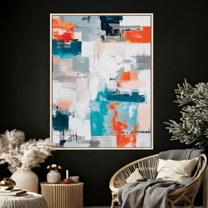 Blue Teal Abstract Canvas Wall Art, Modern Textured Painting Print, Navy Orange White Contemporary Art, Neutral Living Room Decor, Office Art