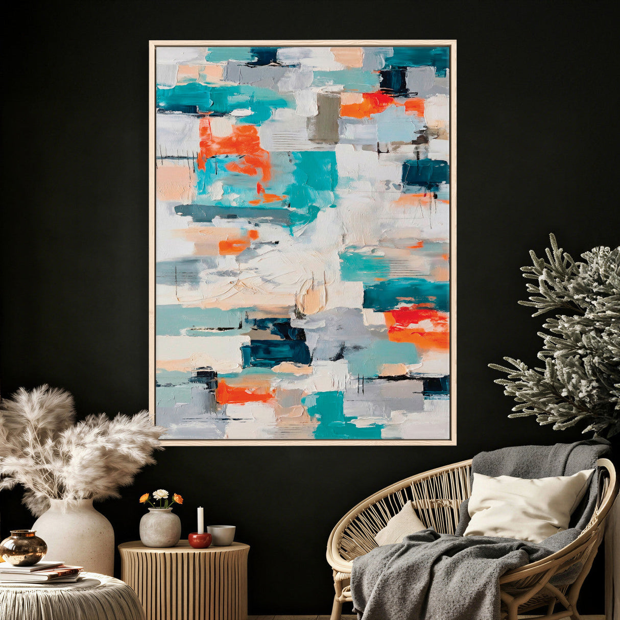 Blue Teal Abstract Canvas Wall Art, Modern Textured Painting Print, Navy Orange White Contemporary Art, Neutral Living Room Decor, Office Art