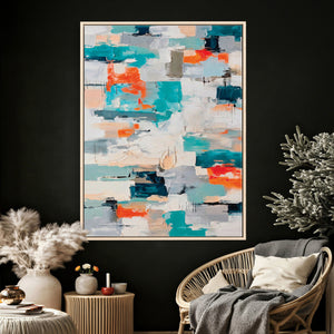 Blue Teal Abstract Canvas Wall Art, Modern Textured Painting Print, Navy Orange White Contemporary Art, Neutral Living Room Decor, Office Art