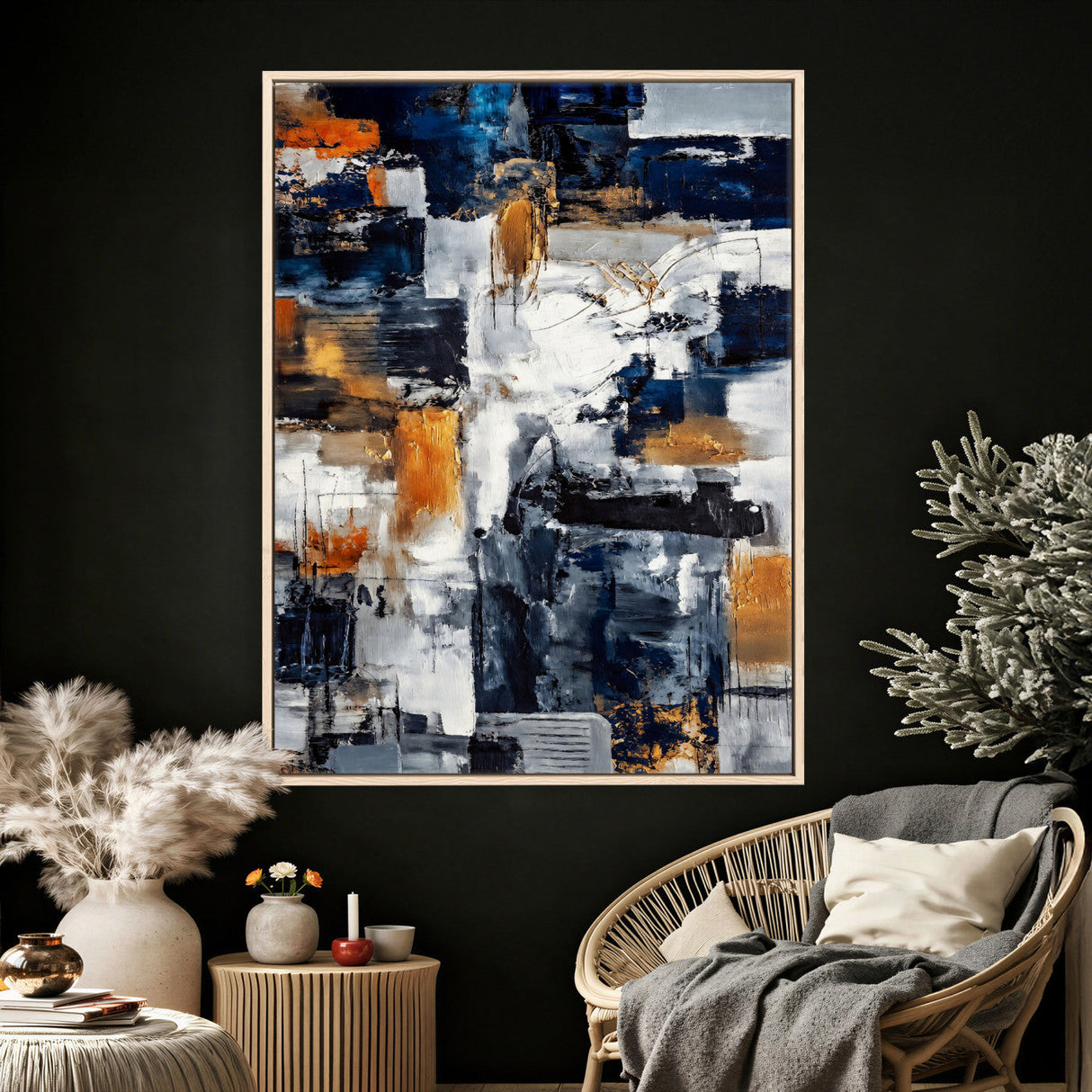 Blue Teal Abstract Canvas Wall Art, Modern Textured Painting Print, Navy Orange White Contemporary Art, Neutral Living Room Decor, Office Art