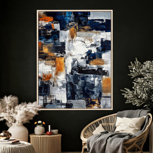 Blue Teal Abstract Canvas Wall Art, Modern Textured Painting Print, Navy Orange White Contemporary Art, Neutral Living Room Decor, Office Art