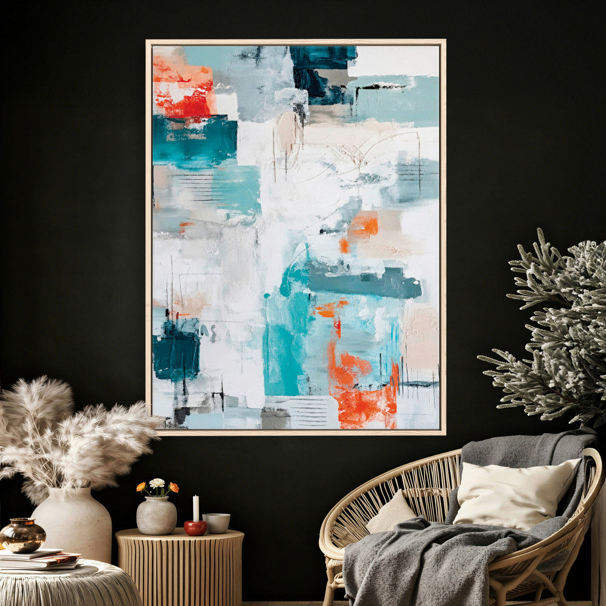 Blue Teal Abstract Canvas Wall Art, Modern Textured Painting Print, Navy Orange White Contemporary Art, Neutral Living Room Decor, Office Art