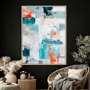 Blue Teal Abstract Canvas Wall Art, Modern Textured Painting Print, Navy Orange White Contemporary Art, Neutral Living Room Decor, Office Art