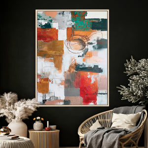 Blue Teal Abstract Canvas Wall Art, Modern Textured Painting Print, Navy Orange White Contemporary Art, Neutral Living Room Decor, Office Art