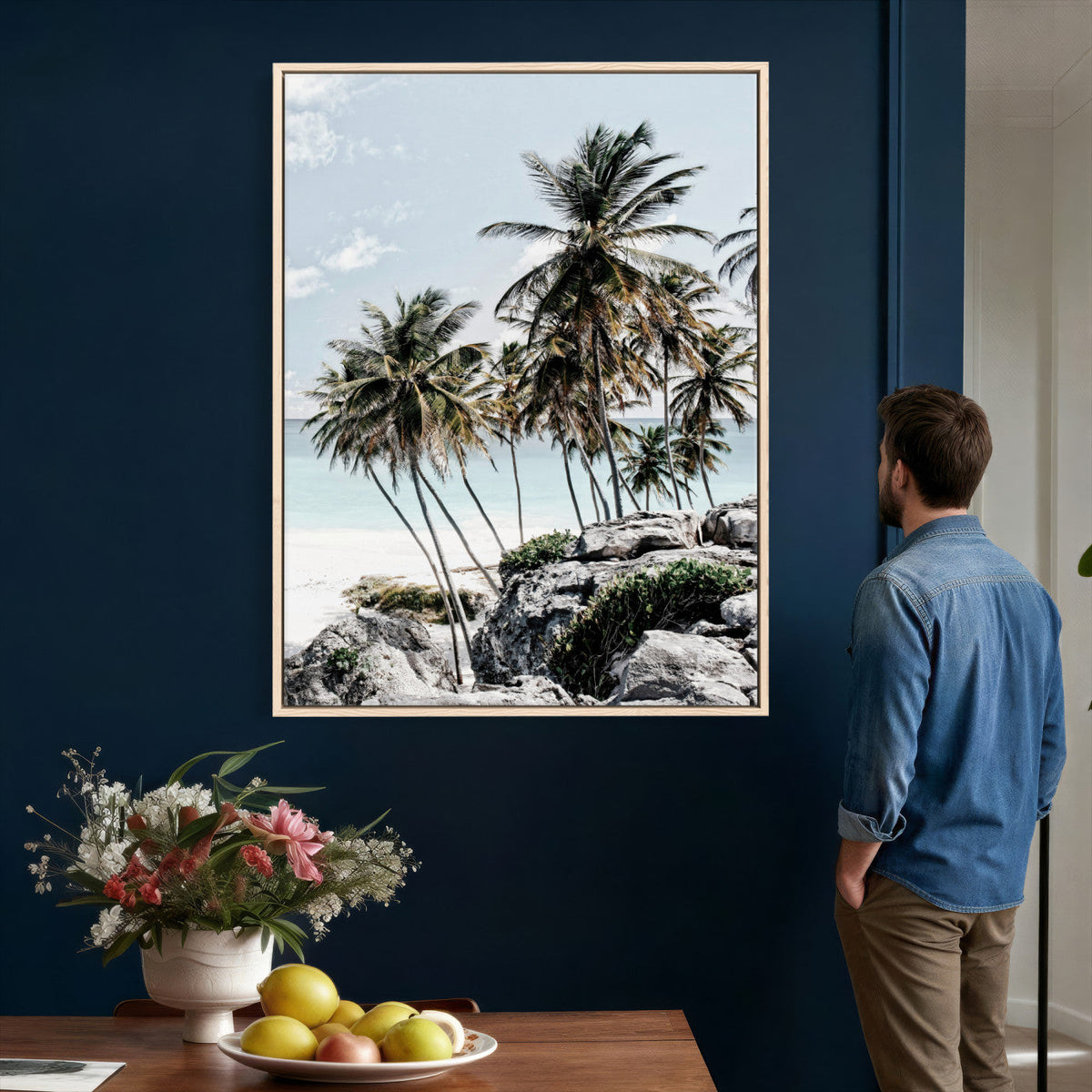 Tropical Trees Beach Wall Art Canvas Print, Coastal Ocean