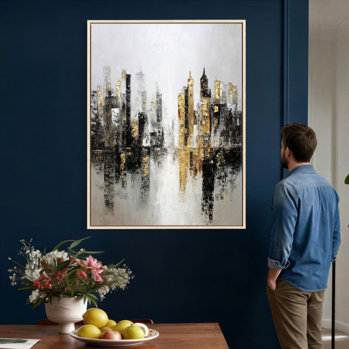 Abstract New York Wall Art Canvas Print, Gold Black Modern