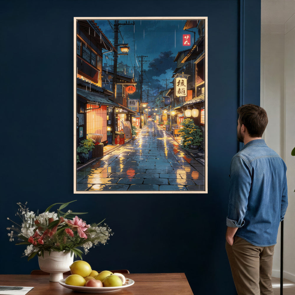 Tokyo Tea House Canvas Wall Art — Japan Rainy Night Street
