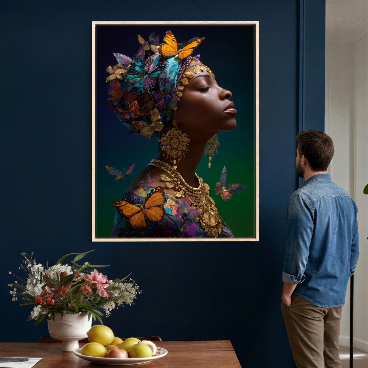 Butterfly Crown Gold Woman Portrait — Monarch Queen Canvas
