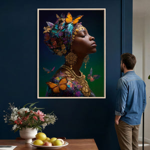Butterfly Crown Gold Woman Portrait — Monarch Queen Canvas