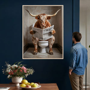 Funny Bathroom Canvas Wall Art, Texas Longhorn on Toilet