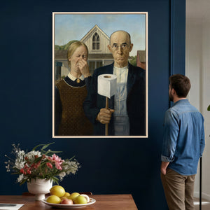 Funny Bathroom Canvas Wall Art, Grant Wood American Gothic