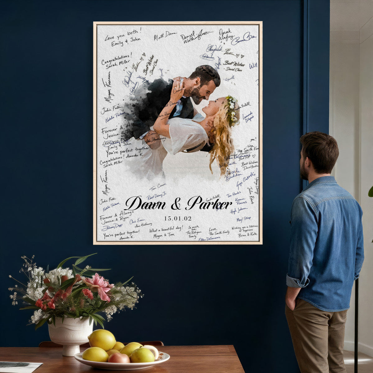 Wedding Guest Book Alternative Wall Art Canvas Print, Personalized Wedding Signature Poster, Custom Couple Photo Guestbook Canvas, Bridal Shower Reception Decor