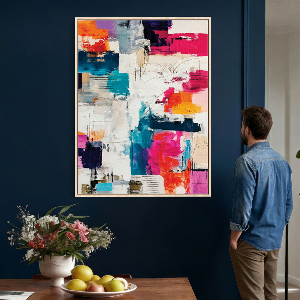 Blue Teal Abstract Canvas Wall Art, Modern Textured Painting Print, Navy Orange White Contemporary Art, Neutral Living Room Decor, Office Art