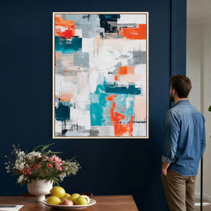 Blue Teal Abstract Canvas Wall Art, Modern Textured Painting Print, Navy Orange White Contemporary Art, Neutral Living Room Decor, Office Art