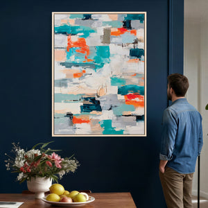 Blue Teal Abstract Canvas Wall Art, Modern Textured Painting Print, Navy Orange White Contemporary Art, Neutral Living Room Decor, Office Art