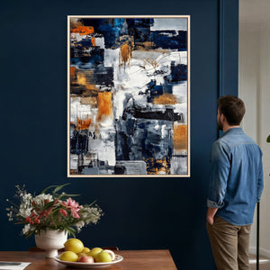 Blue Teal Abstract Canvas Wall Art, Modern Textured Painting Print, Navy Orange White Contemporary Art, Neutral Living Room Decor, Office Art