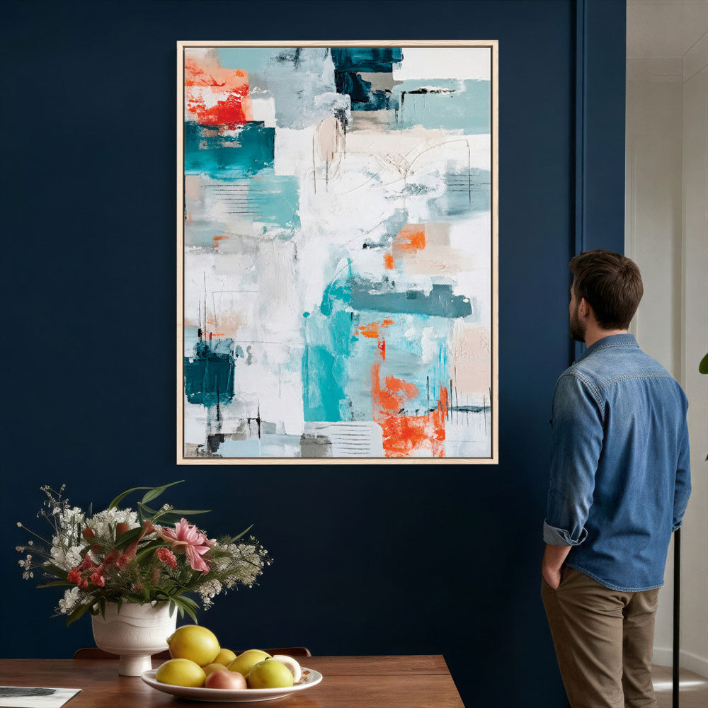 Blue Teal Abstract Canvas Wall Art, Modern Textured Painting Print, Navy Orange White Contemporary Art, Neutral Living Room Decor, Office Art