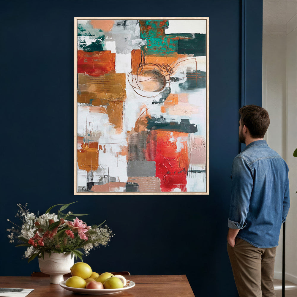 Blue Teal Abstract Canvas Wall Art, Modern Textured Painting Print, Navy Orange White Contemporary Art, Neutral Living Room Decor, Office Art