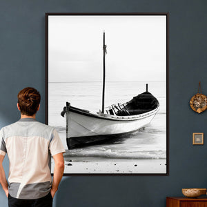 Minimal Boat Wall Art Canvas Print – Black and White Coastal