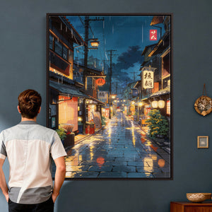 Tokyo Tea House Canvas Wall Art — Japan Rainy Night Street