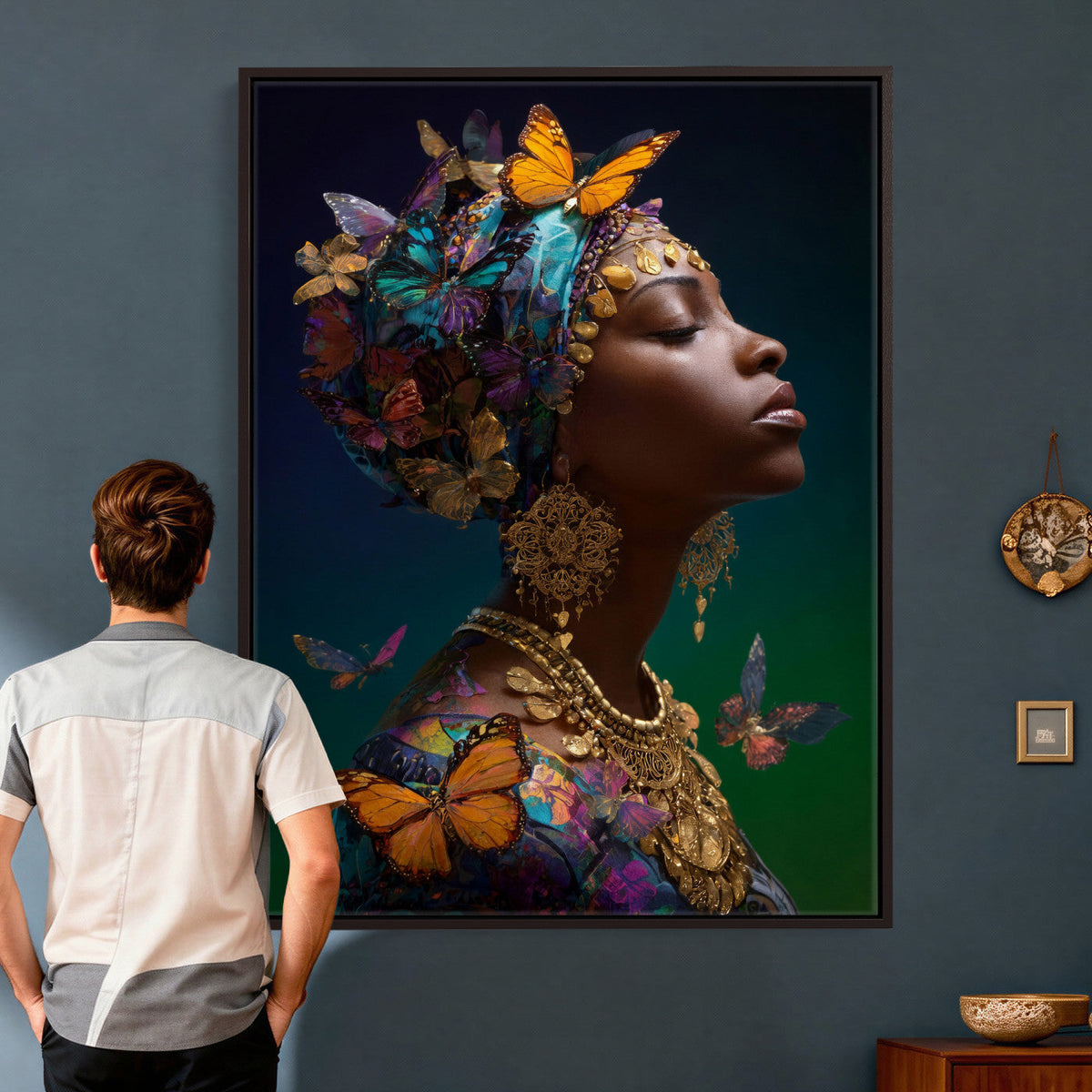 Butterfly Crown Gold Woman Portrait — Monarch Queen Canvas