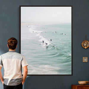 Surfers on Waves Canvas Wall Art, Aerial Ocean Photography