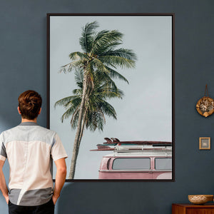 VW Van Palm Tree Canvas Wall Art, Pink Camper Surfboards