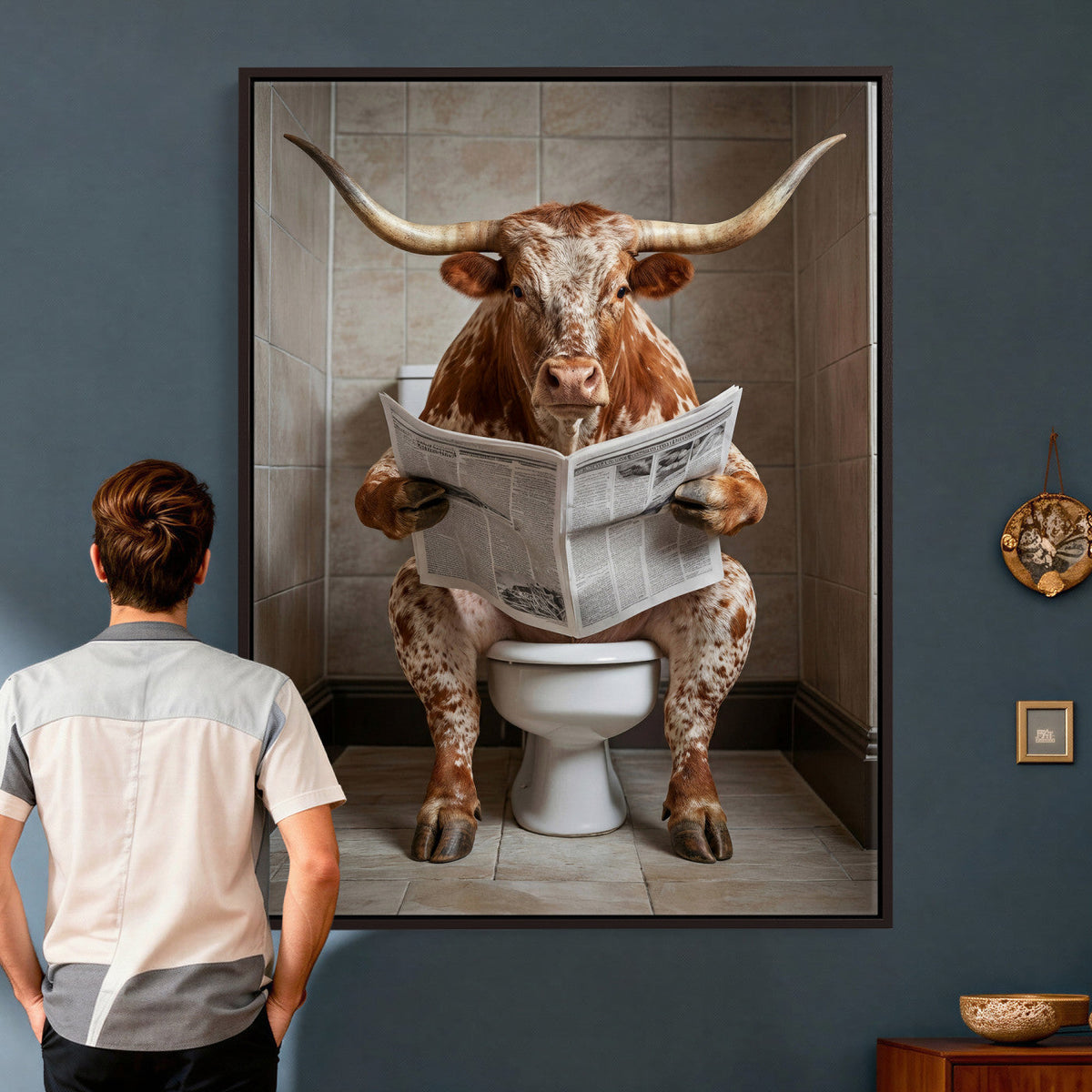 Funny Bathroom Canvas Wall Art, Texas Longhorn on Toilet