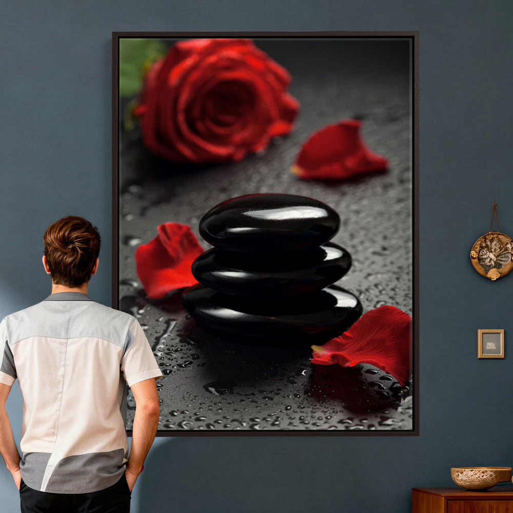 Black Lava Stone Rose Canvas | Red Rose Spa Photography