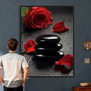 Black Lava Stone Rose Canvas | Red Rose Spa Photography