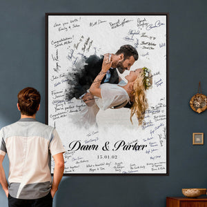 Wedding Guest Book Alternative Wall Art Canvas Print, Personalized Wedding Signature Poster, Custom Couple Photo Guestbook Canvas, Bridal Shower Reception Decor