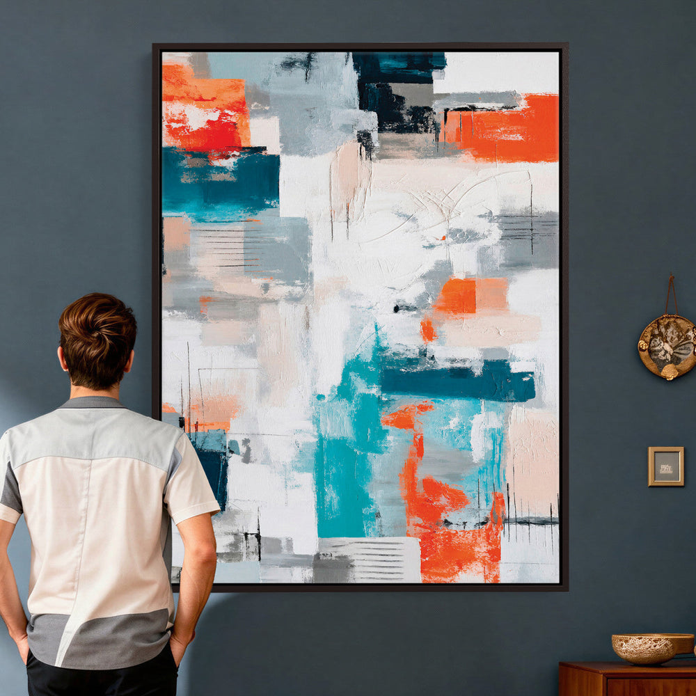 Blue Teal Abstract Canvas Wall Art, Modern Textured Painting Print, Navy Orange White Contemporary Art, Neutral Living Room Decor, Office Art