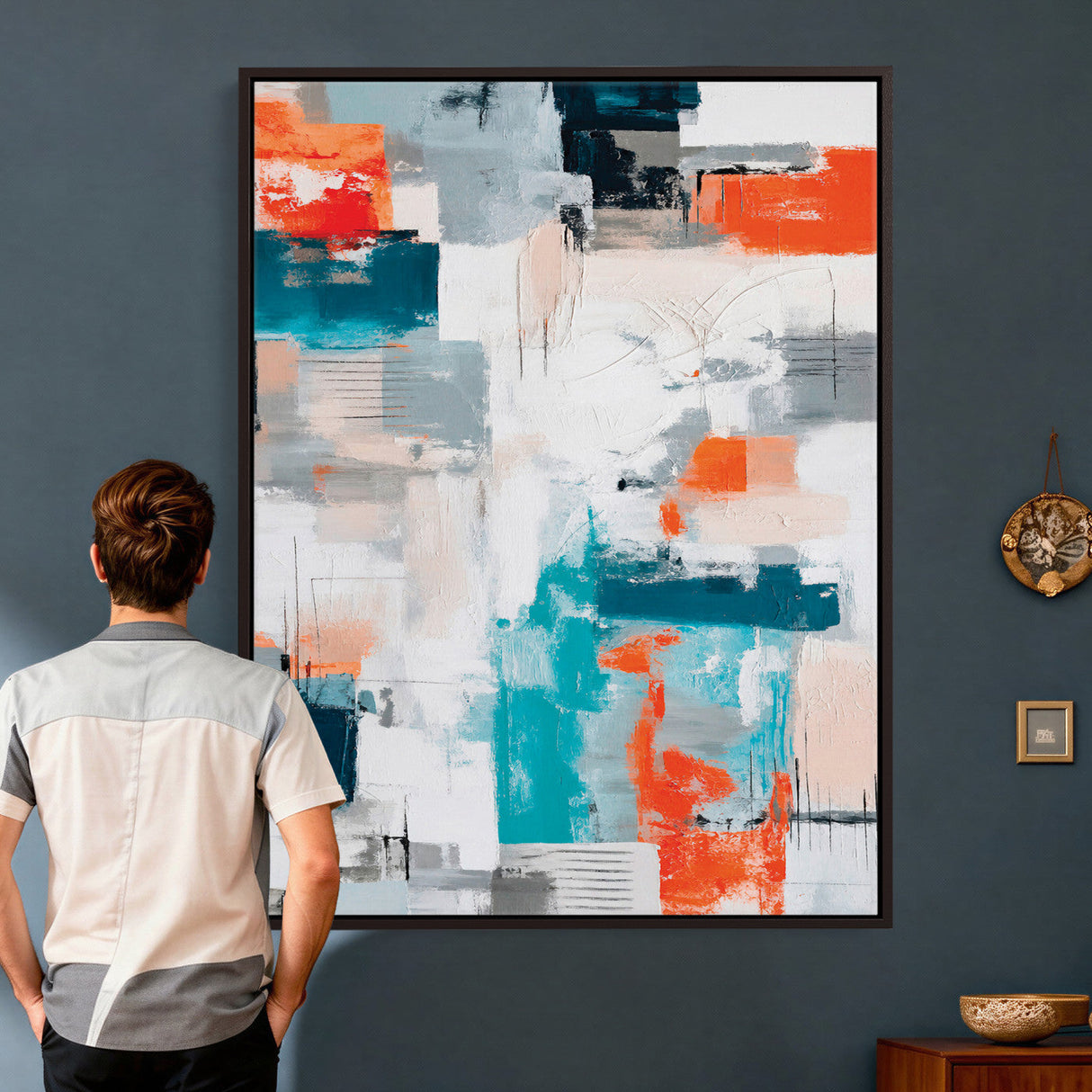 Blue Teal Abstract Canvas Wall Art, Modern Textured Painting Print, Navy Orange White Contemporary Art, Neutral Living Room Decor, Office Art