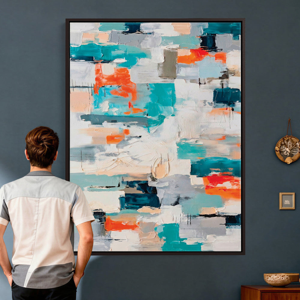 Blue Teal Abstract Canvas Wall Art, Modern Textured Painting Print, Navy Orange White Contemporary Art, Neutral Living Room Decor, Office Art