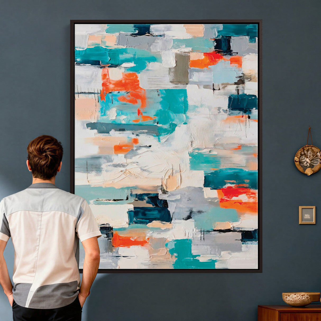 Blue Teal Abstract Canvas Wall Art, Modern Textured Painting Print, Navy Orange White Contemporary Art, Neutral Living Room Decor, Office Art