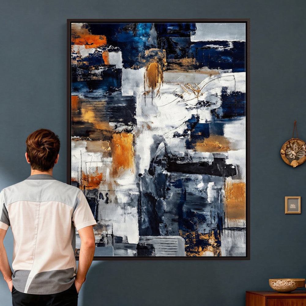 Blue Teal Abstract Canvas Wall Art, Modern Textured Painting Print, Navy Orange White Contemporary Art, Neutral Living Room Decor, Office Art