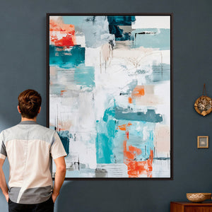 Blue Teal Abstract Canvas Wall Art, Modern Textured Painting Print, Navy Orange White Contemporary Art, Neutral Living Room Decor, Office Art
