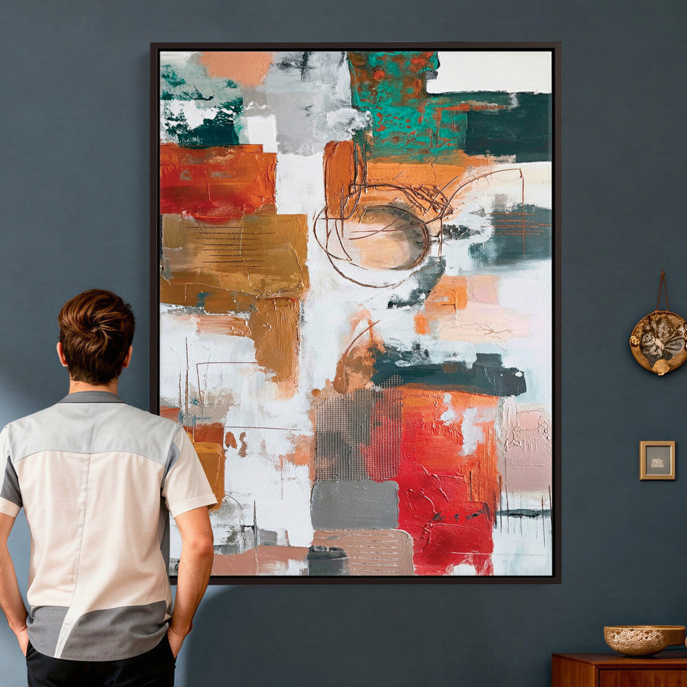Blue Teal Abstract Canvas Wall Art, Modern Textured Painting Print, Navy Orange White Contemporary Art, Neutral Living Room Decor, Office Art