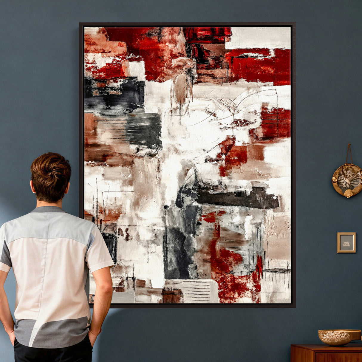 Blue Teal Abstract Canvas Wall Art, Modern Textured Painting Print, Navy Orange White Contemporary Art, Neutral Living Room Decor, Office Art