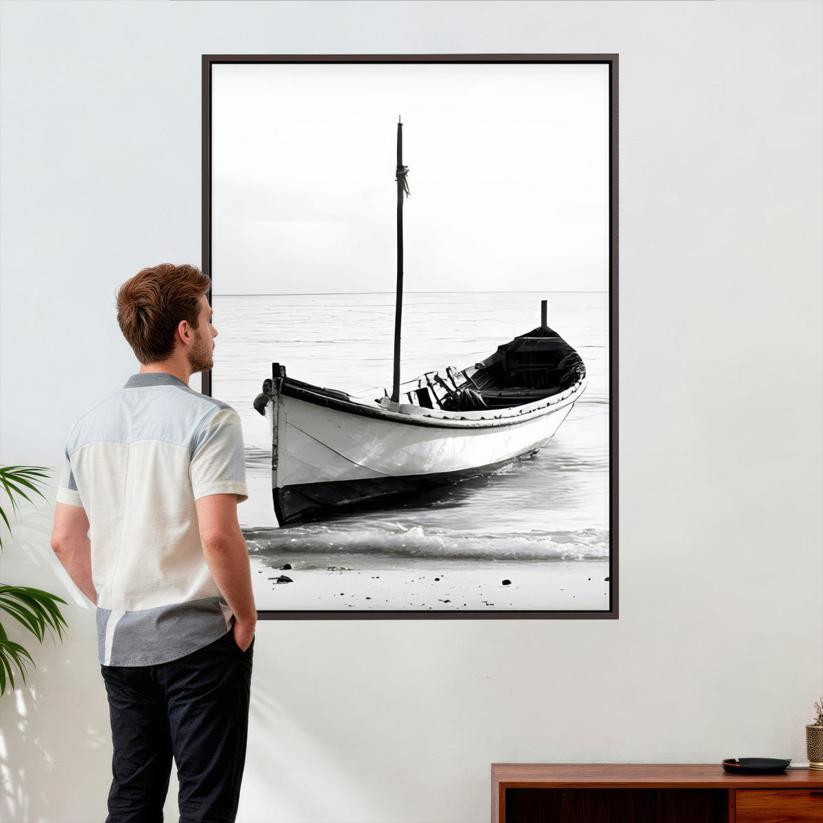 Minimal Boat Wall Art Canvas Print – Black and White Coastal