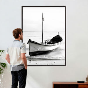 Minimal Boat Wall Art Canvas Print – Black and White Coastal