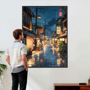 Tokyo Tea House Canvas Wall Art — Japan Rainy Night Street