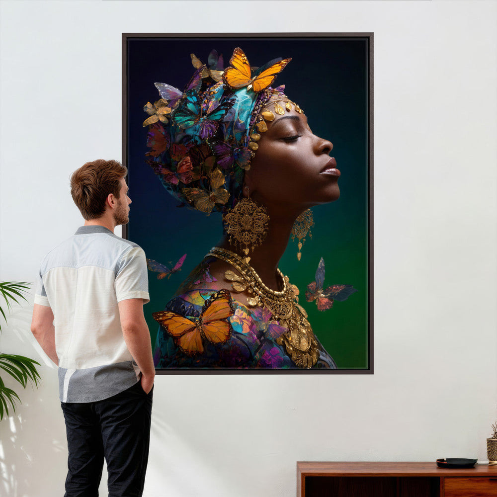 Butterfly Crown Gold Woman Portrait — Monarch Queen Canvas