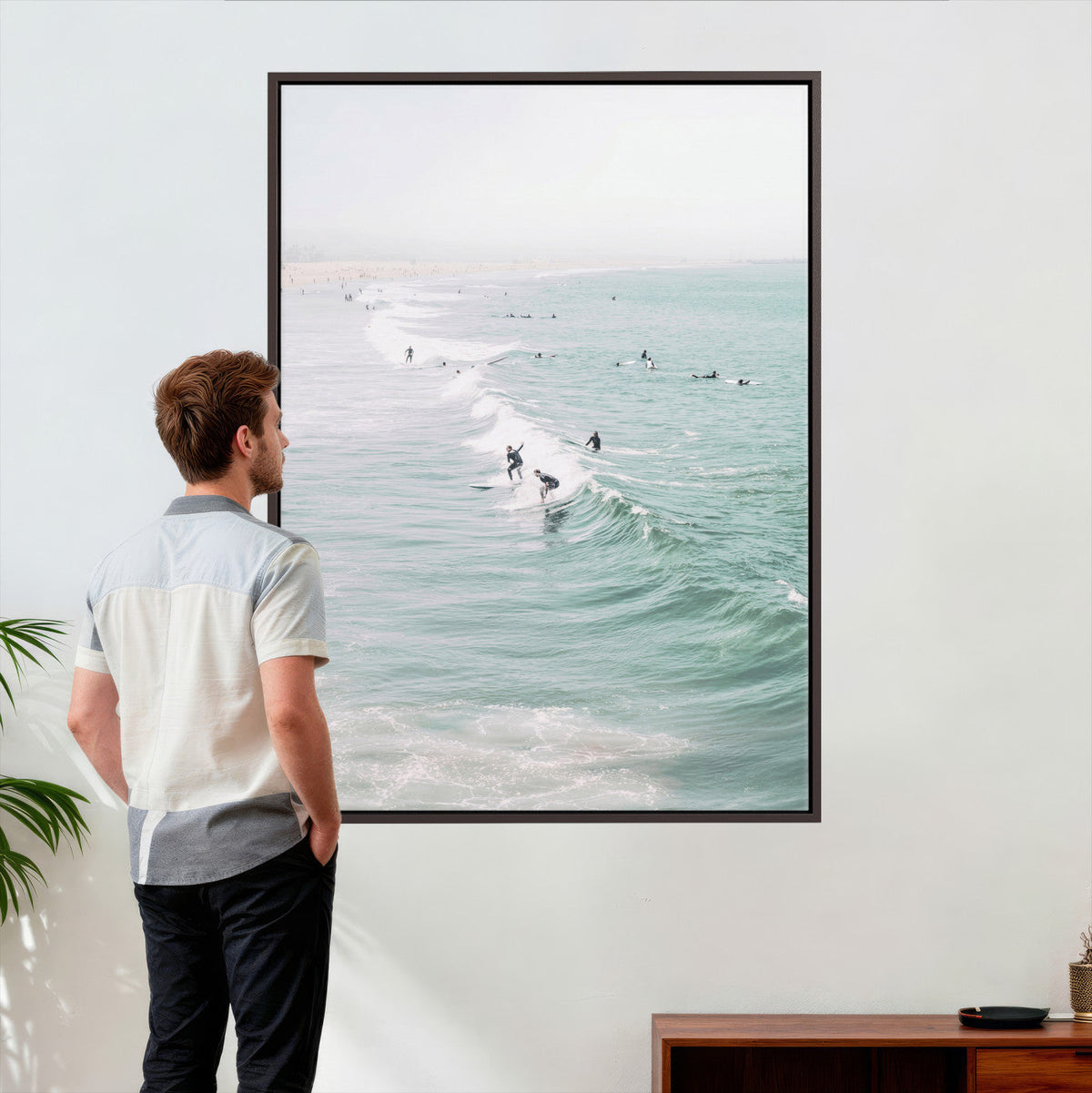 Surfers on Waves Canvas Wall Art, Aerial Ocean Photography