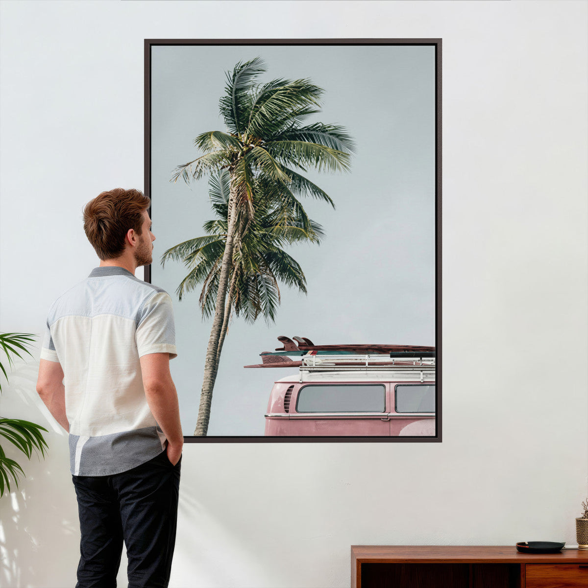 VW Van Palm Tree Canvas Wall Art, Pink Camper Surfboards