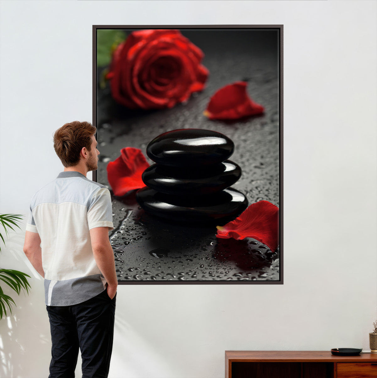 Black Lava Stone Rose Canvas | Red Rose Spa Photography