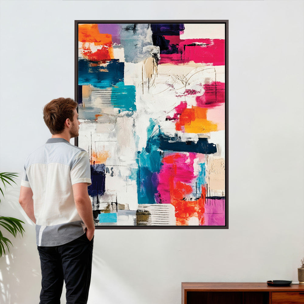 Blue Teal Abstract Canvas Wall Art, Modern Textured Painting Print, Navy Orange White Contemporary Art, Neutral Living Room Decor, Office Art