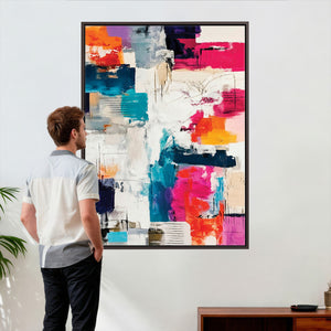 Blue Teal Abstract Canvas Wall Art, Modern Textured Painting Print, Navy Orange White Contemporary Art, Neutral Living Room Decor, Office Art