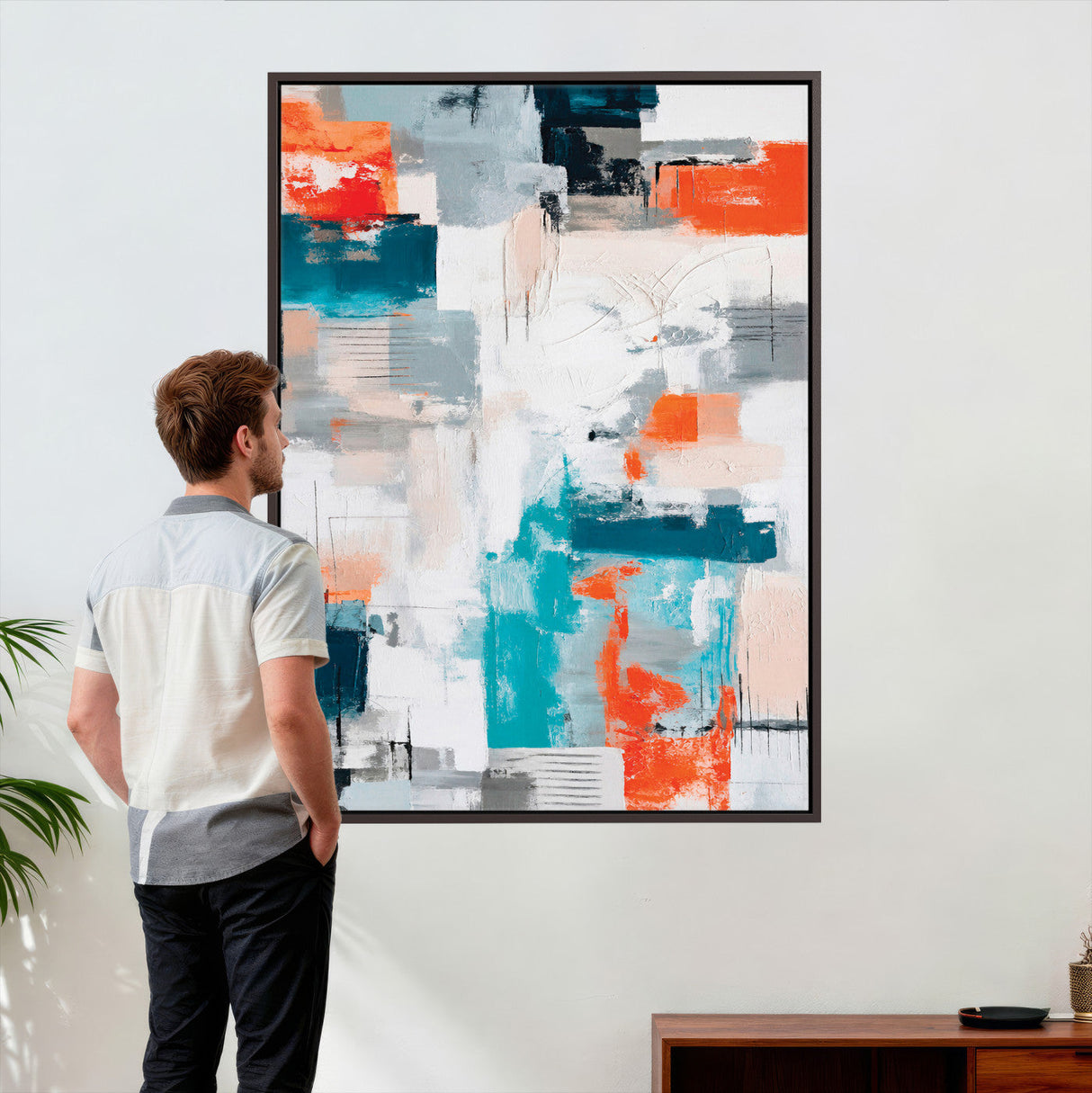 Blue Teal Abstract Canvas Wall Art, Modern Textured Painting Print, Navy Orange White Contemporary Art, Neutral Living Room Decor, Office Art